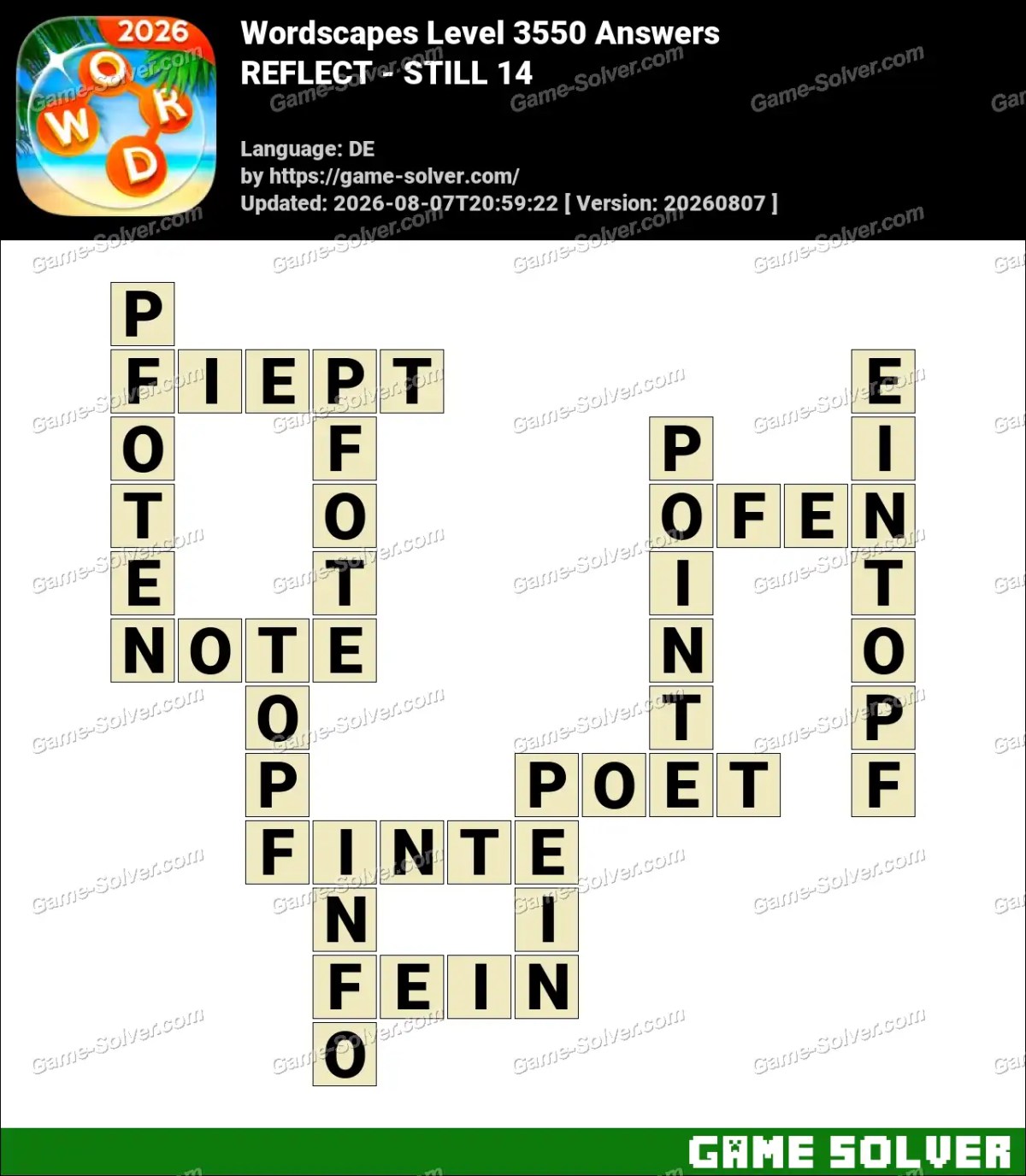 Wordscapes Deutsche Level 3550 Answers — REFLECT - STILL 14