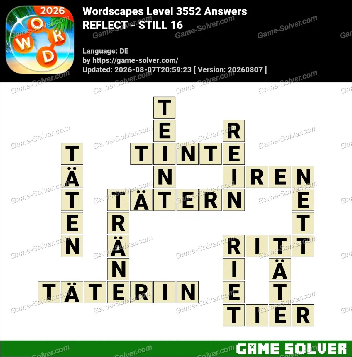 Wordscapes Deutsche Level 3552 Answers — REFLECT - STILL 16