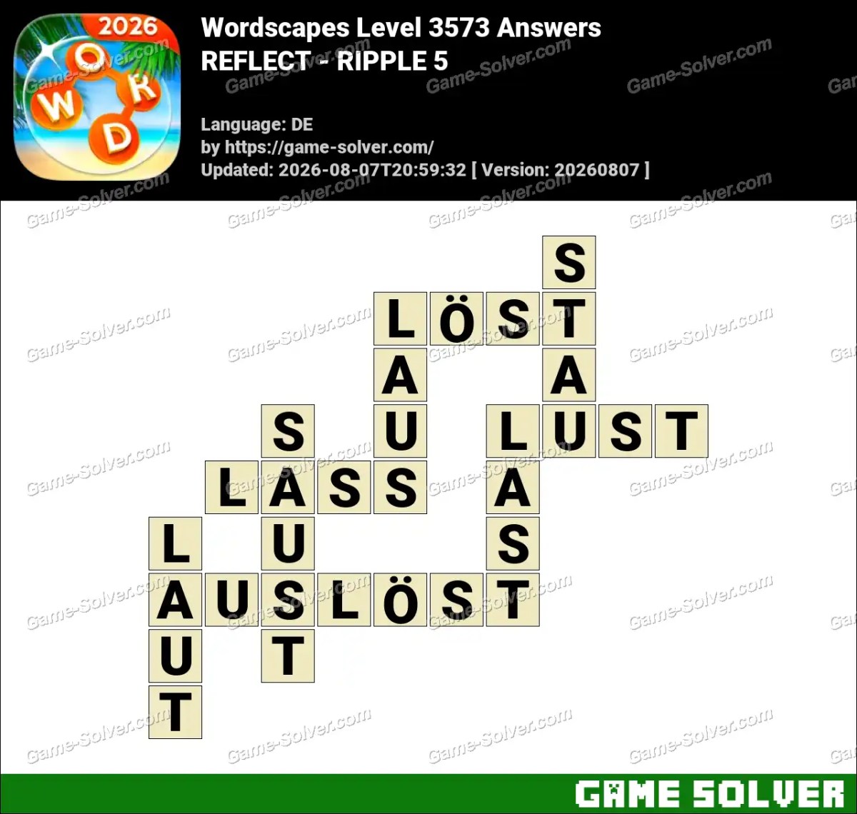 Wordscapes Deutsche Level 3573 Answers — REFLECT - RIPPLE 5