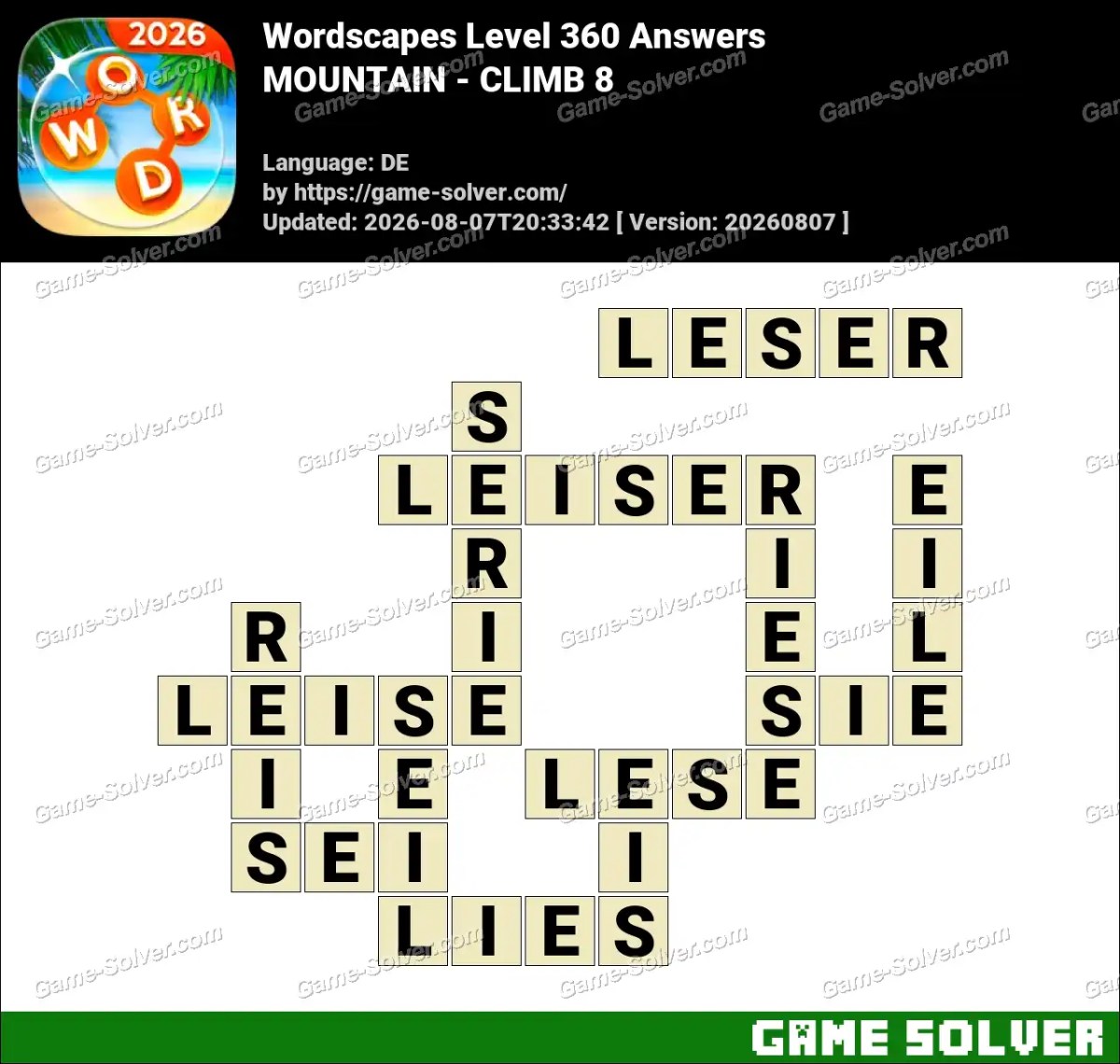 Wordscapes Deutsche Level 360 Answers — MOUNTAIN - CLIMB 8 Wordscapes Deutsche Level 360 Answers — MOUNTAIN - CLIMB 8