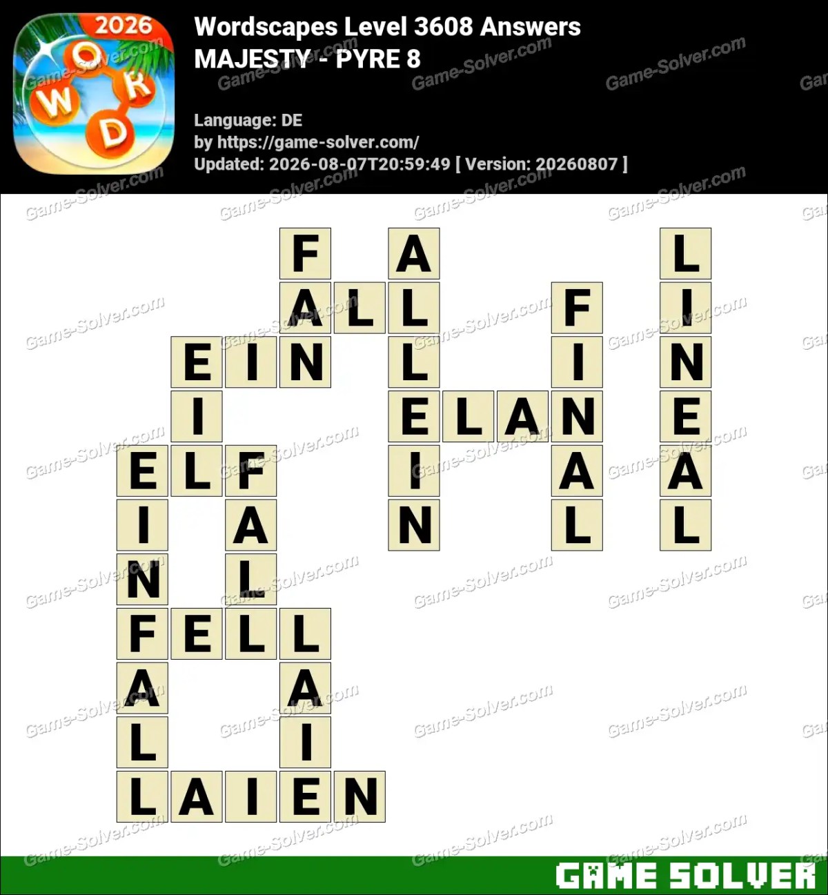 Wordscapes Deutsche Level 3608 Answers — MAJESTY - PYRE 8