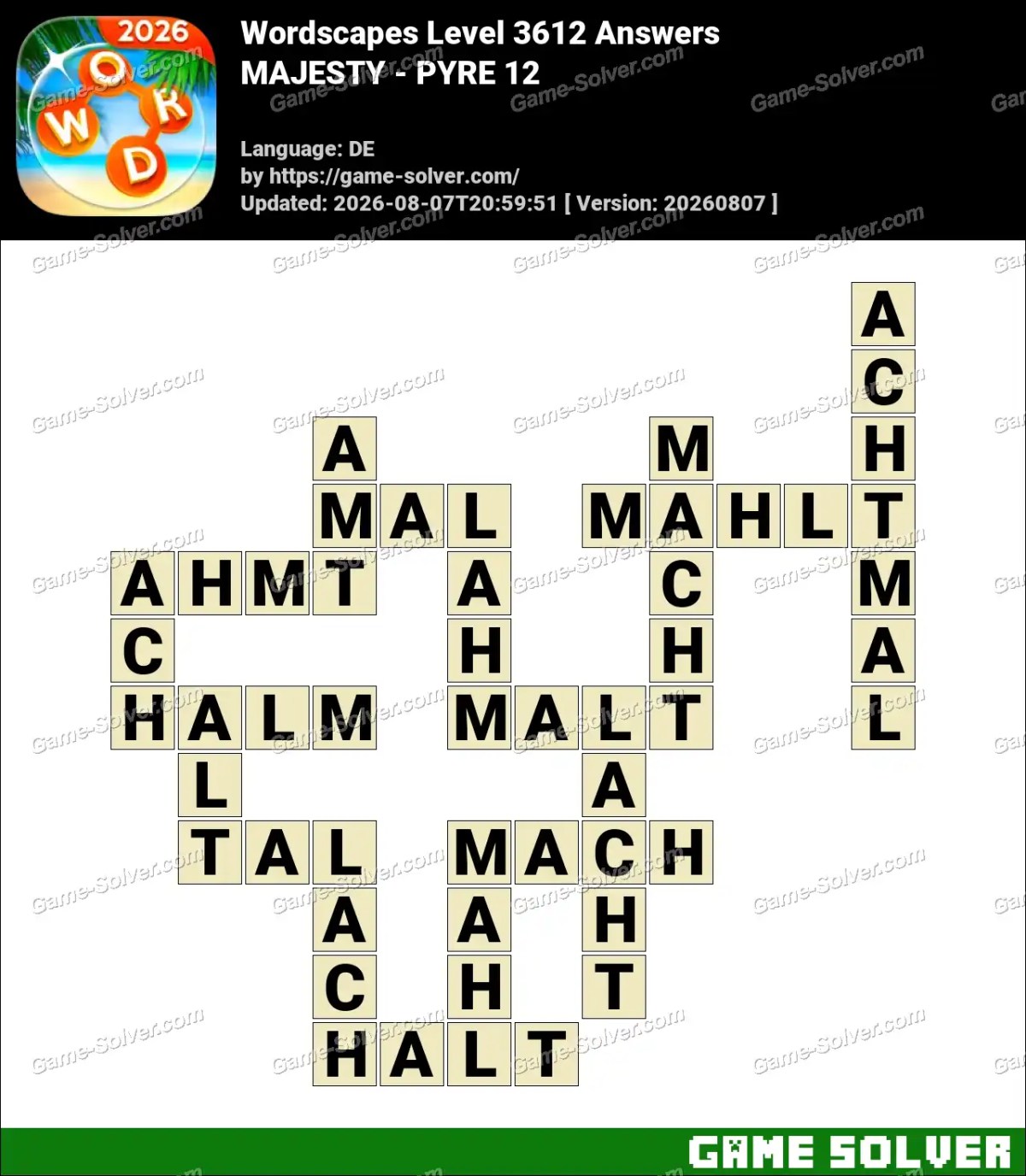 Wordscapes Deutsche Level 3612 Answers — MAJESTY - PYRE 12