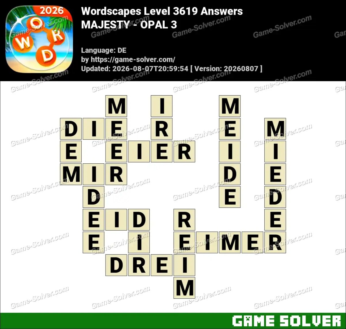 Wordscapes Deutsche Level 3619 Answers — MAJESTY - OPAL 3
