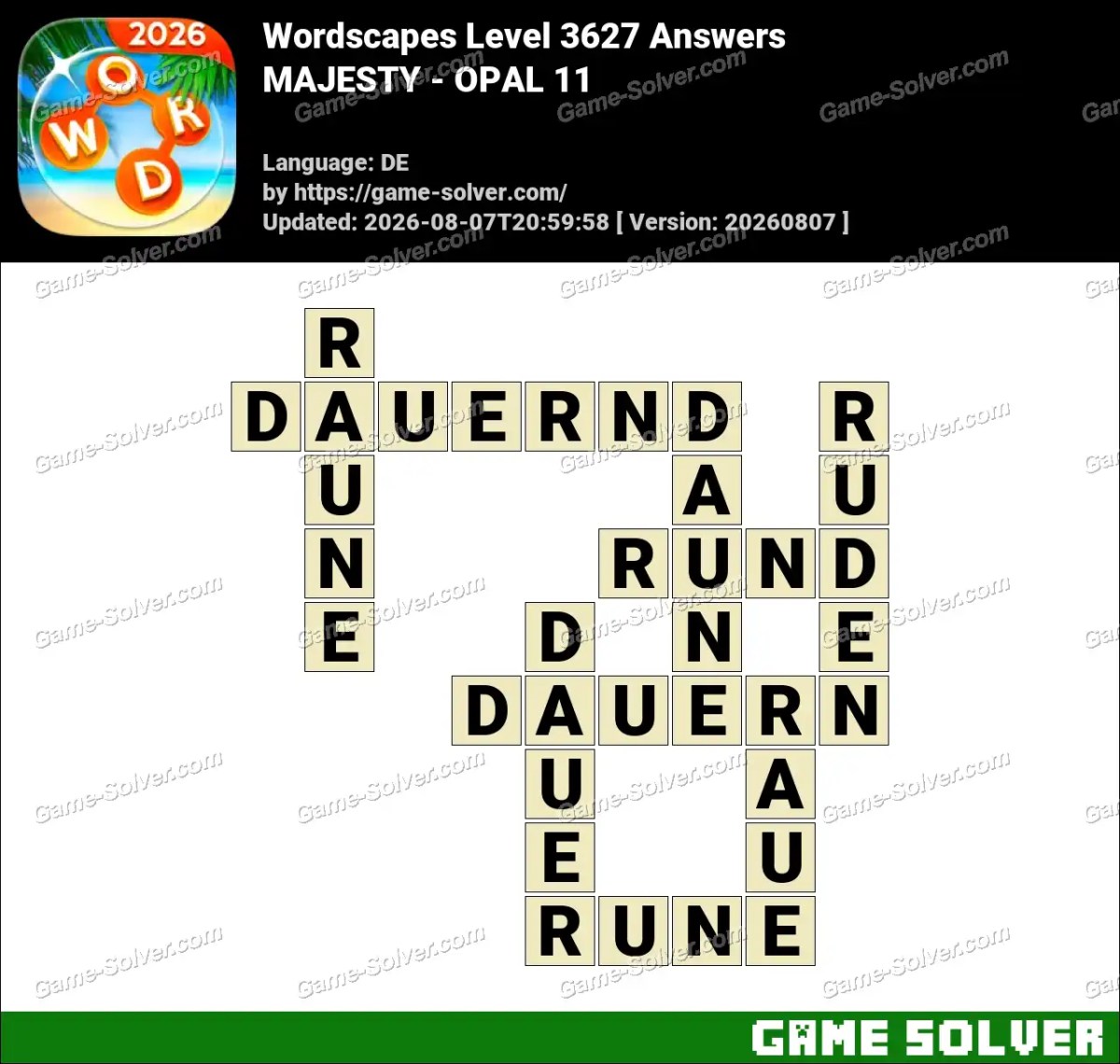 Wordscapes Deutsche Level 3627 Answers — MAJESTY - OPAL 11