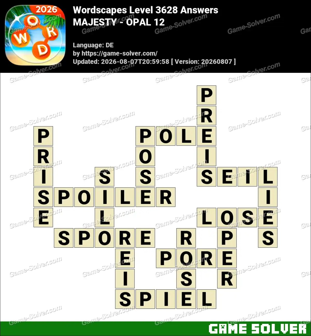 Wordscapes Deutsche Level 3628 Answers — MAJESTY - OPAL 12