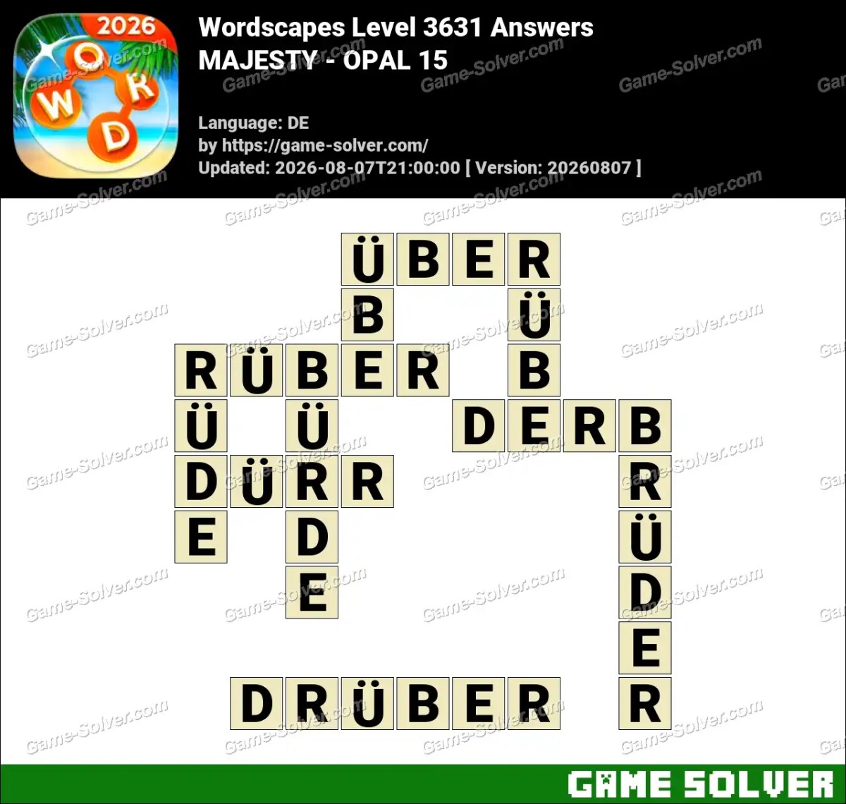 Wordscapes Deutsche Level 3631 Answers — MAJESTY - OPAL 15
