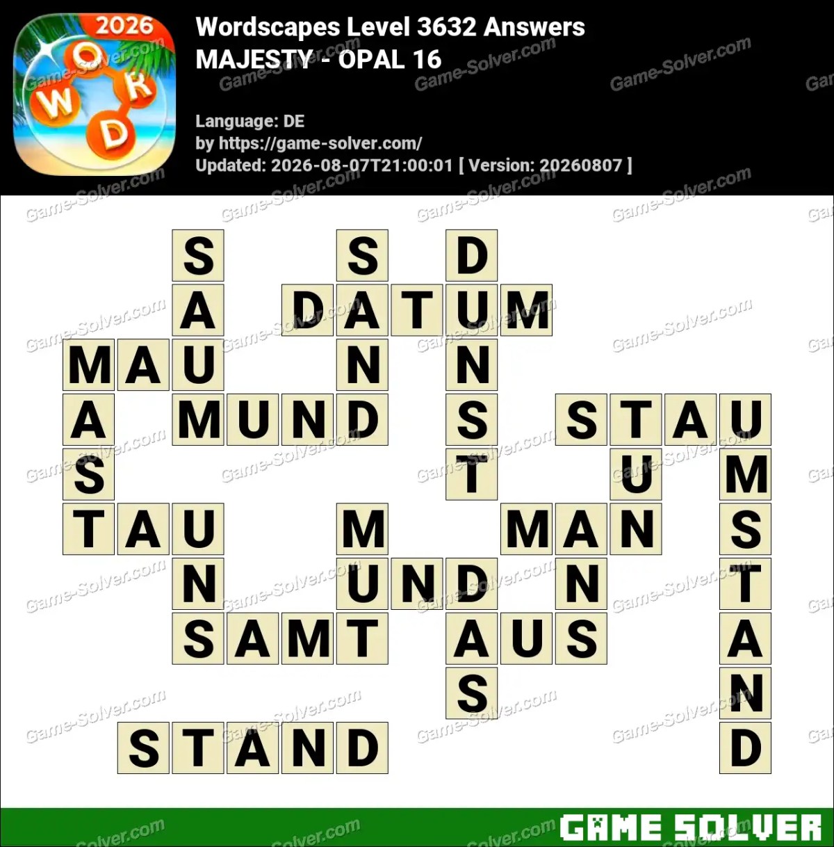 Wordscapes Deutsche Level 3632 Answers — MAJESTY - OPAL 16