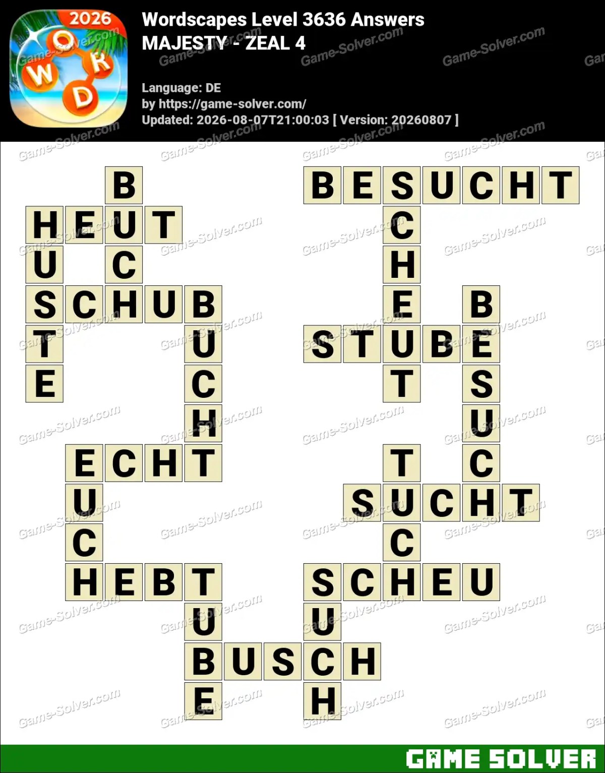 Wordscapes Deutsche Level 3636 Answers — MAJESTY - ZEAL 4