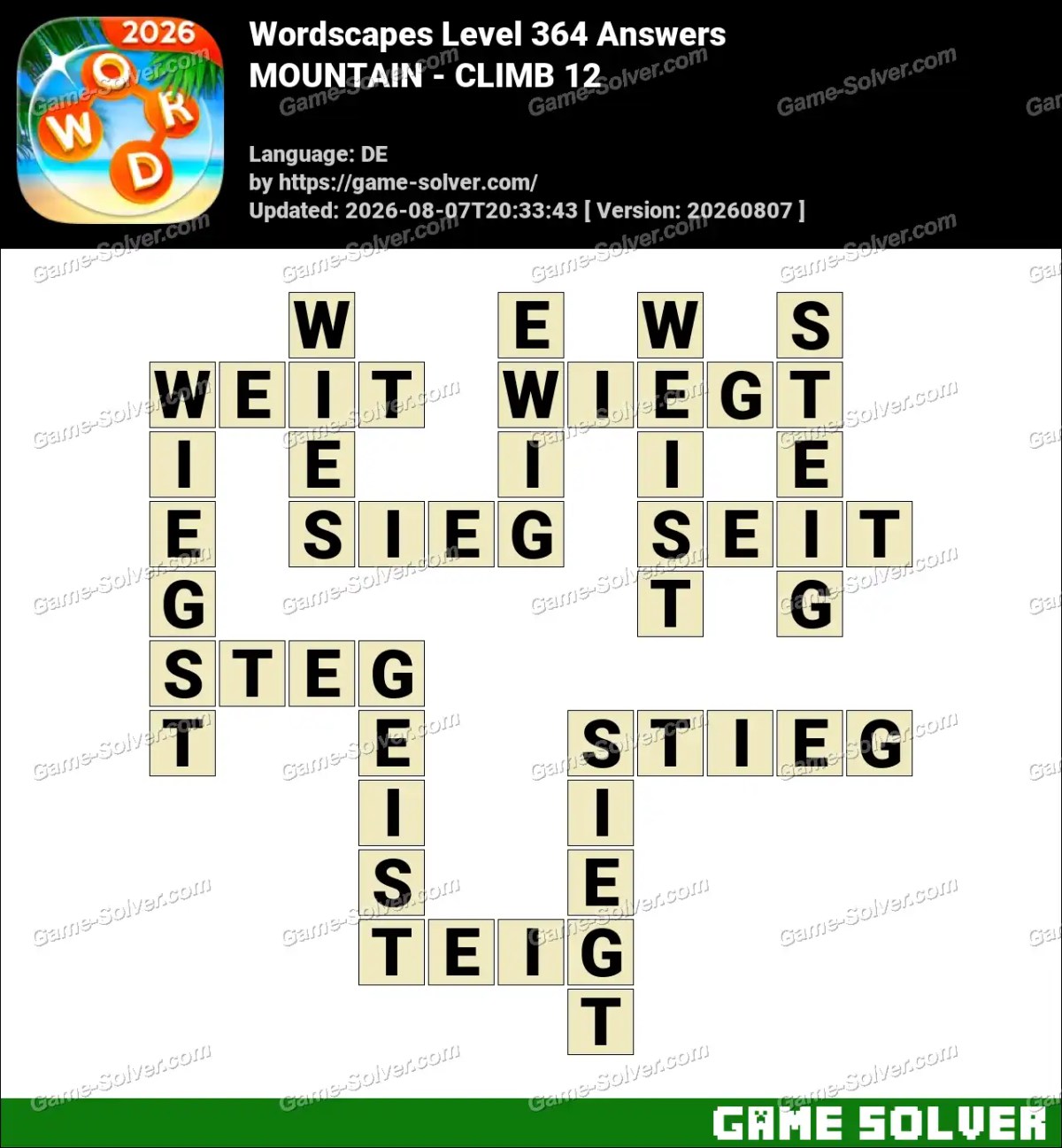 Wordscapes Deutsche Level 364 Answers — MOUNTAIN - CLIMB 12