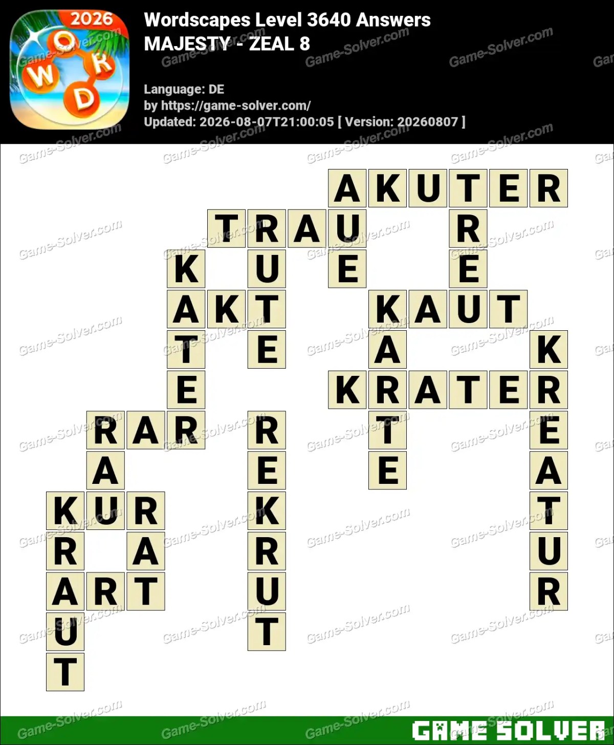 Wordscapes Deutsche Level 3640 Answers — MAJESTY - ZEAL 8