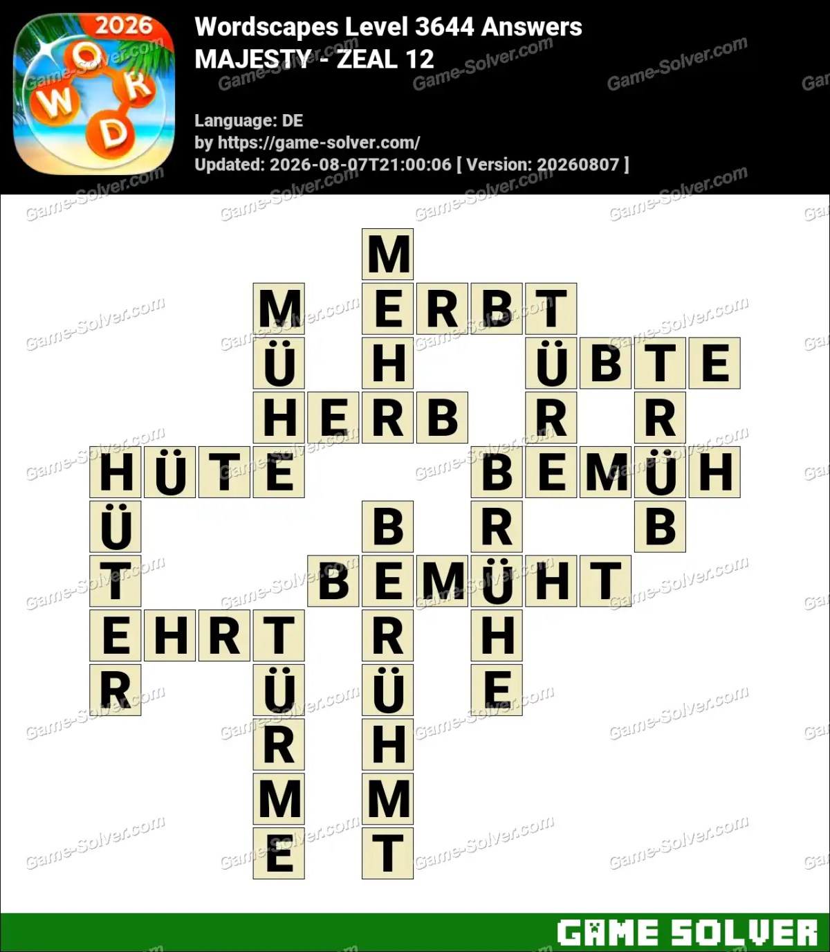 Wordscapes Deutsche Level 3644 Answers — MAJESTY - ZEAL 12