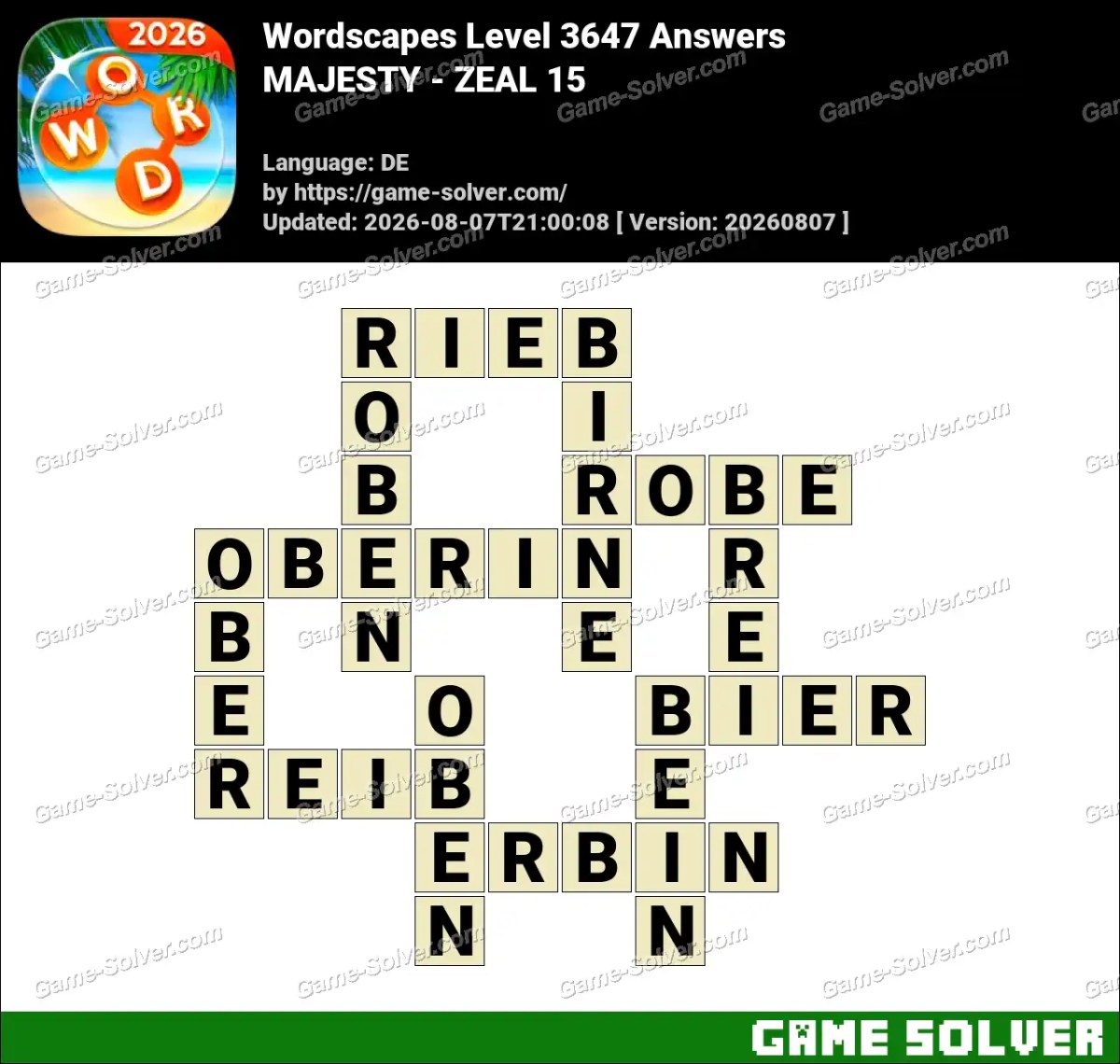 Wordscapes Deutsche Level 3647 Answers — MAJESTY - ZEAL 15