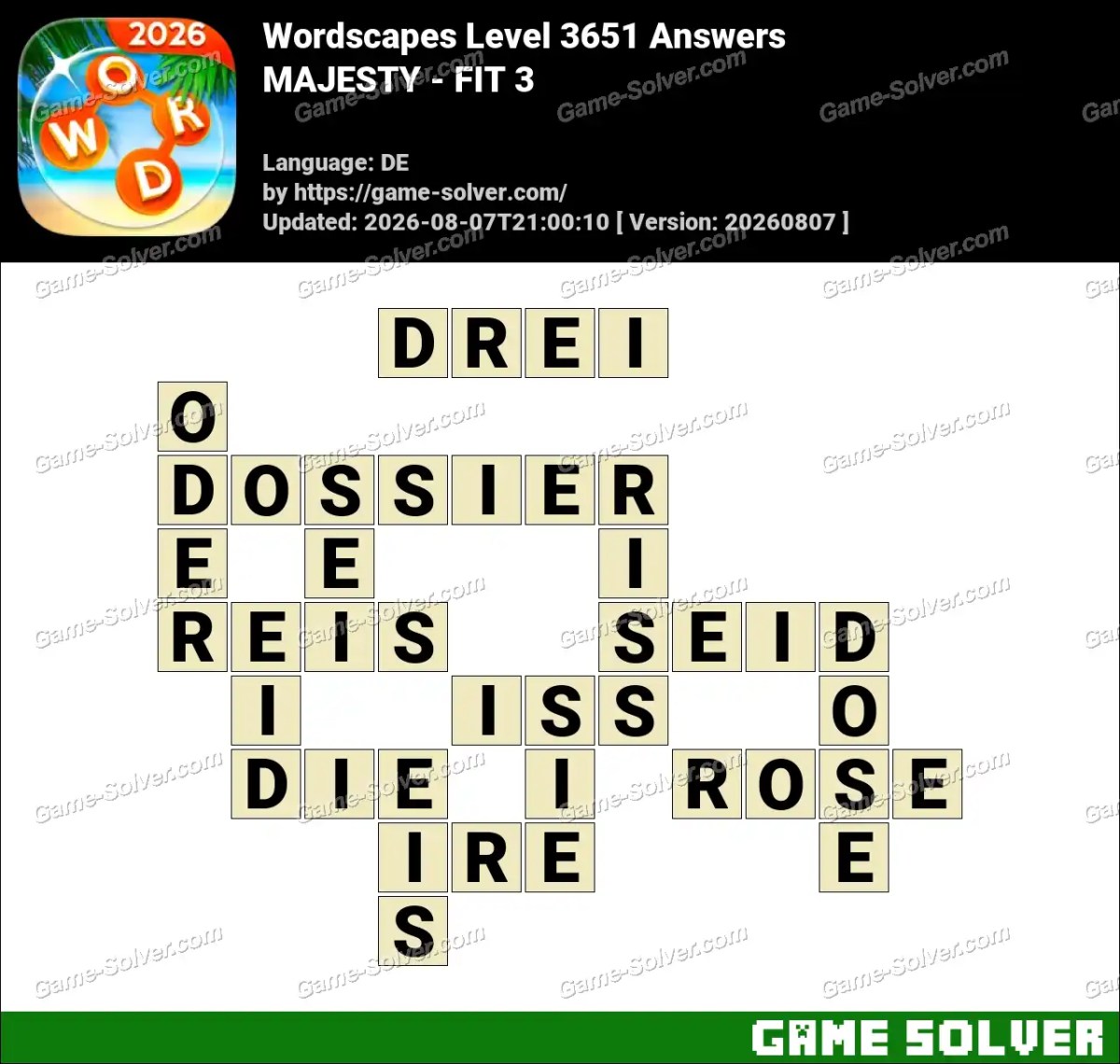 Wordscapes Deutsche Level 3651 Answers — MAJESTY - FIT 3