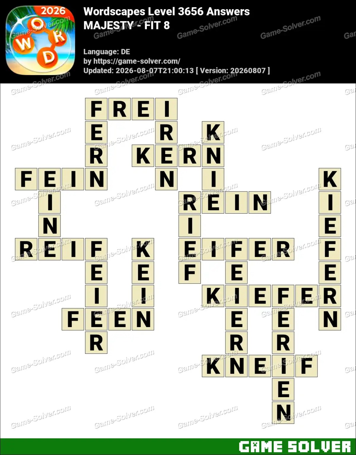 Wordscapes Deutsche Level 3656 Answers — MAJESTY - FIT 8