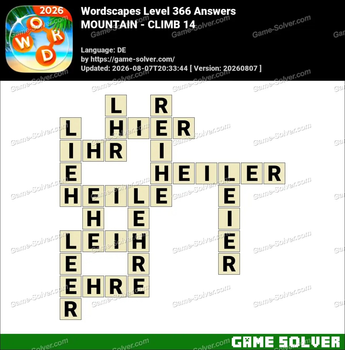 Wordscapes Deutsche Level 366 Answers — MOUNTAIN - CLIMB 14