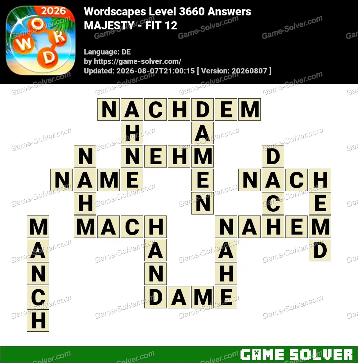 Wordscapes Deutsche Level 3660 Answers — MAJESTY - FIT 12