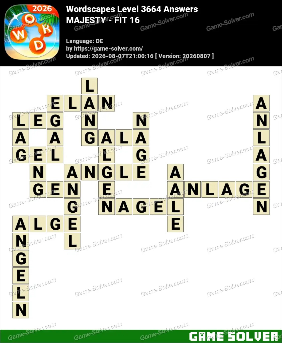 Wordscapes Deutsche Level 3664 Answers — MAJESTY - FIT 16