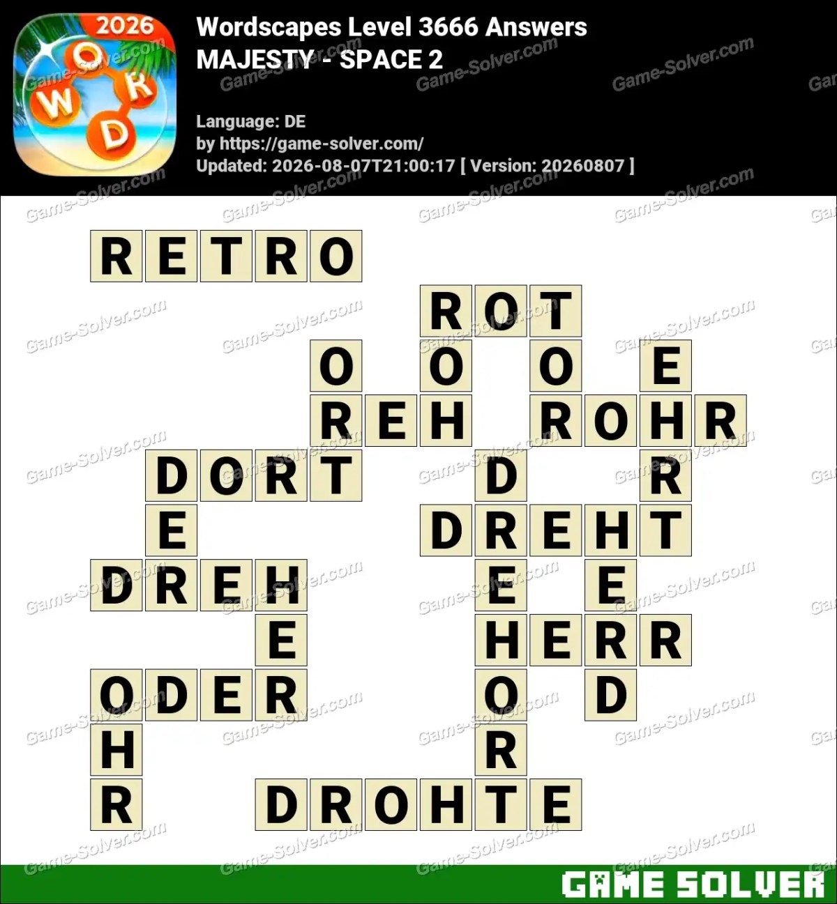 Wordscapes Deutsche Level 3666 Answers — MAJESTY - SPACE 2