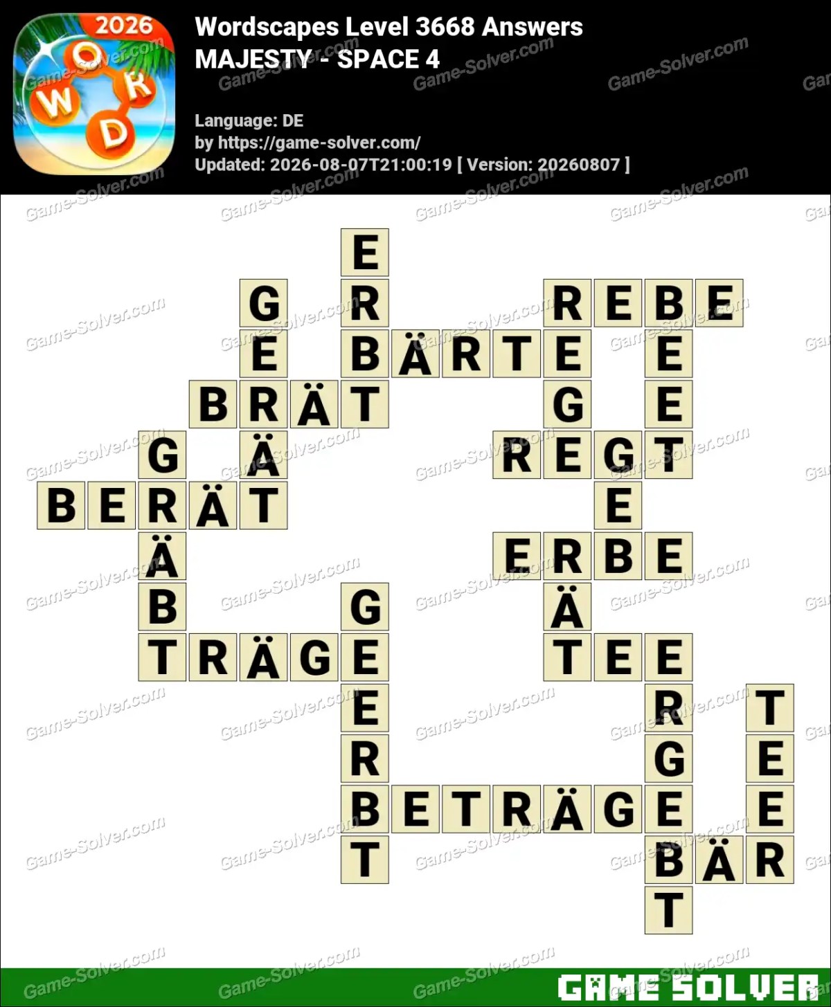 Wordscapes Deutsche Level 3668 Answers — MAJESTY - SPACE 4