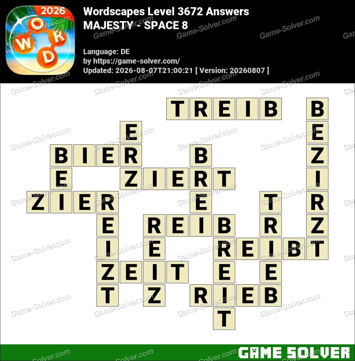 Wordscapes Deutsche Level 3672 Answers — MAJESTY - SPACE 8