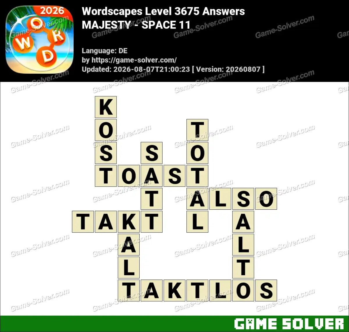 Wordscapes Deutsche Level 3675 Answers — MAJESTY - SPACE 11