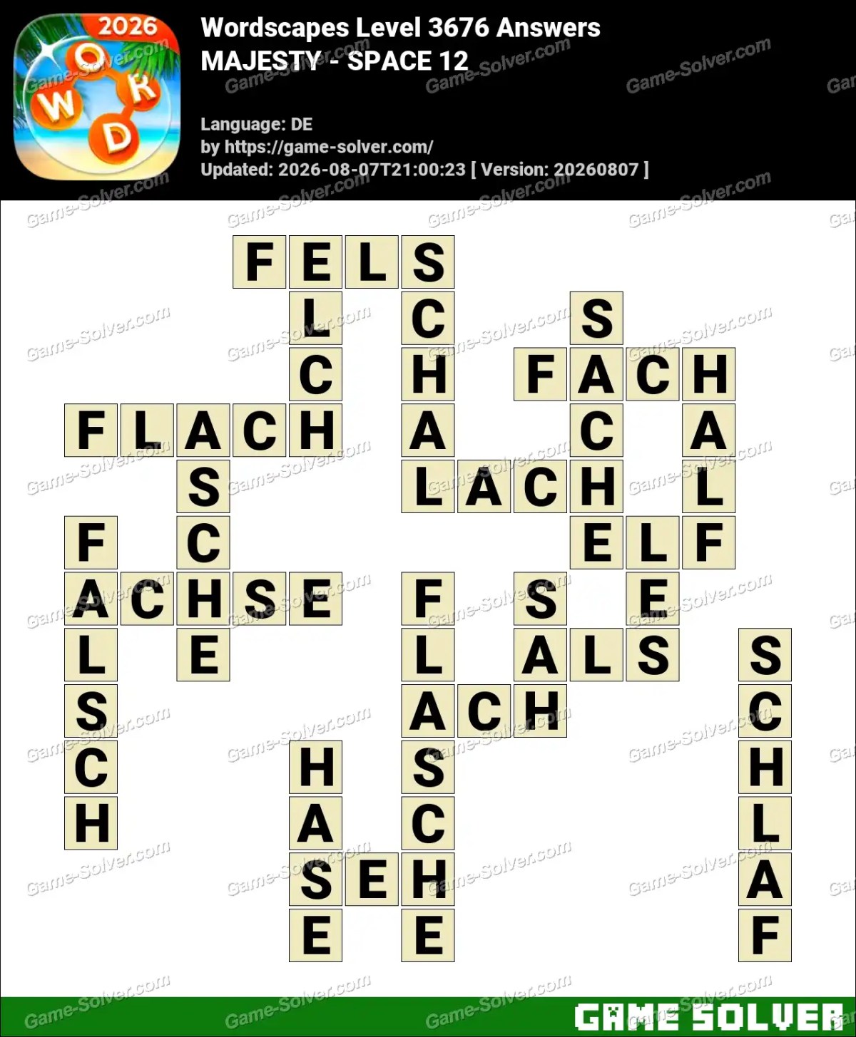 Wordscapes Deutsche Level 3676 Answers — MAJESTY - SPACE 12