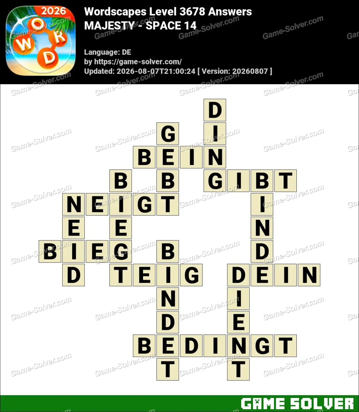 Wordscapes Deutsche Level 3678 Answers — MAJESTY - SPACE 14
