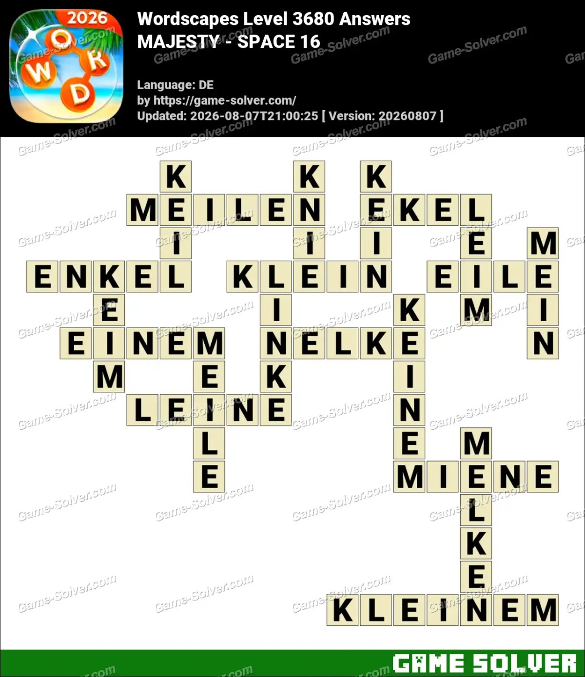 Wordscapes Deutsche Level 3680 Answers — MAJESTY - SPACE 16