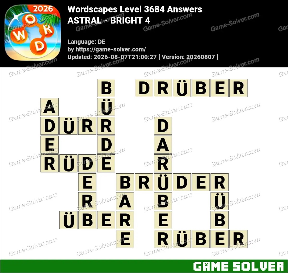 Wordscapes Deutsche Level 3684 Answers — ASTRAL - BRIGHT 4