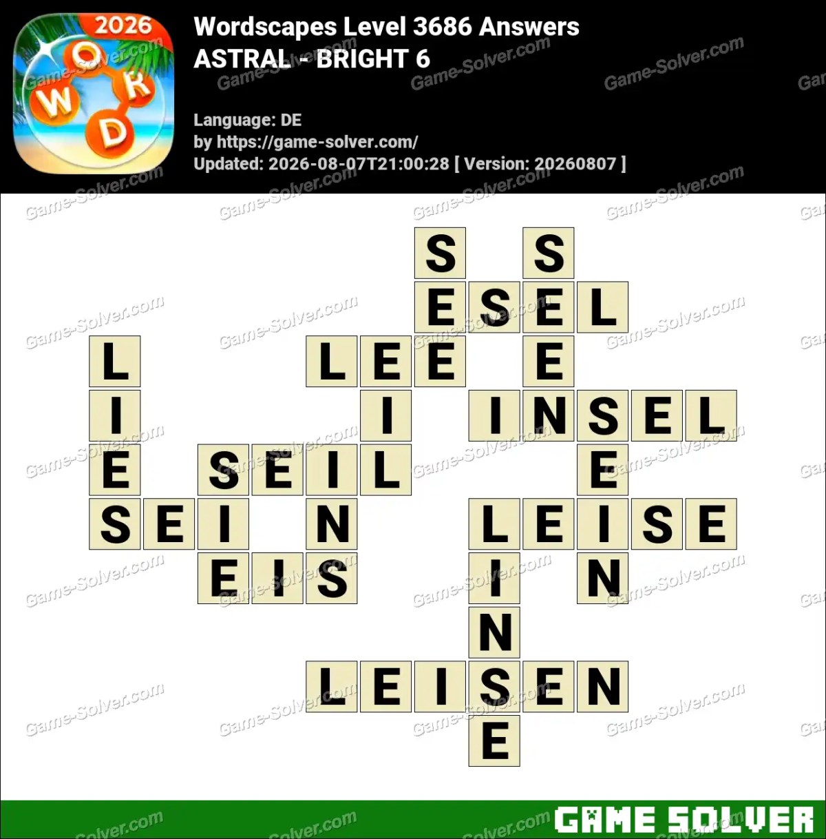 Wordscapes Deutsche Level 3686 Answers — ASTRAL - BRIGHT 6