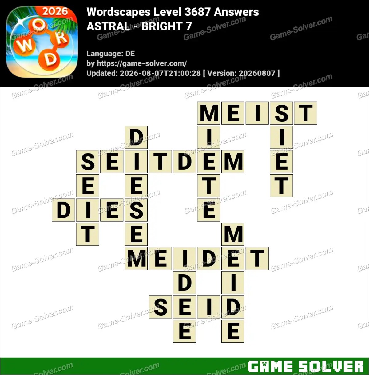 Wordscapes Deutsche Level 3687 Answers — ASTRAL - BRIGHT 7