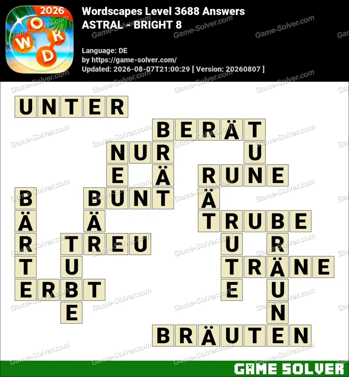 Wordscapes Deutsche Level 3688 Answers — ASTRAL - BRIGHT 8