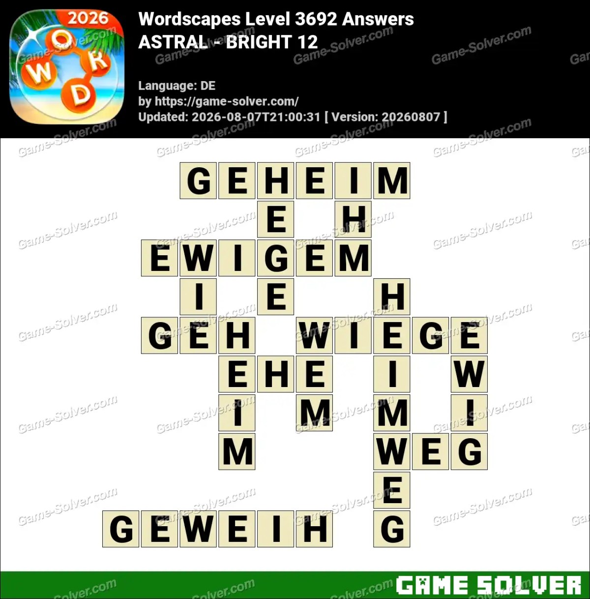 Wordscapes Deutsche Level 3692 Answers — ASTRAL - BRIGHT 12