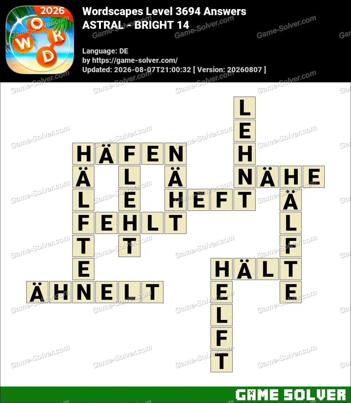Wordscapes Deutsche Level 3694 Answers — ASTRAL - BRIGHT 14
