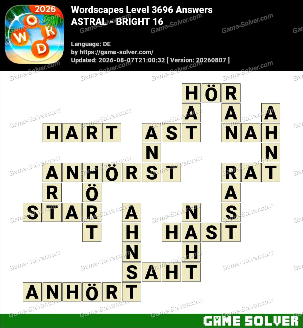 Wordscapes Deutsche Level 3696 Answers — ASTRAL - BRIGHT 16