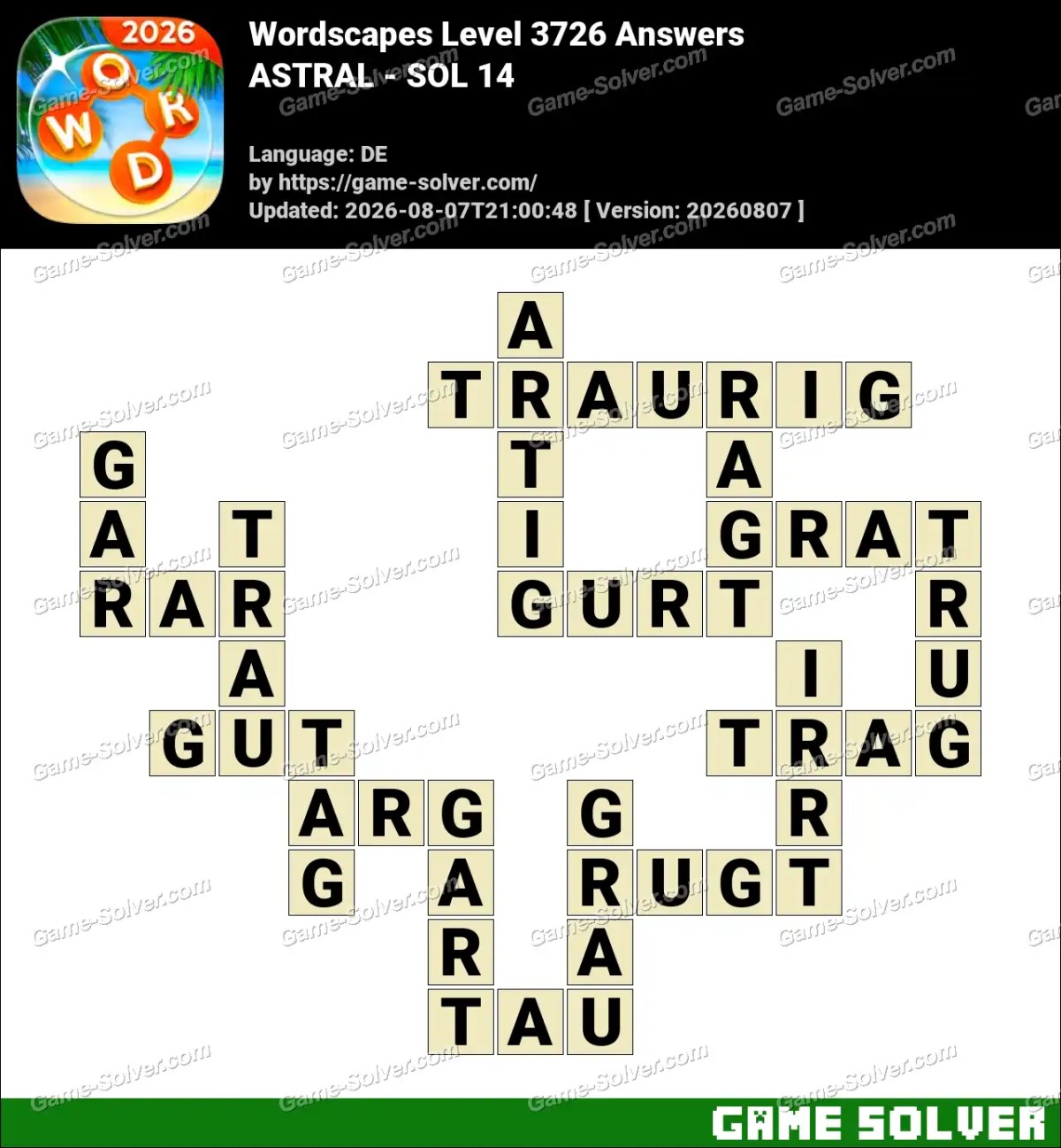 Wordscapes Deutsche Level 3726 Answers — ASTRAL - SOL 14