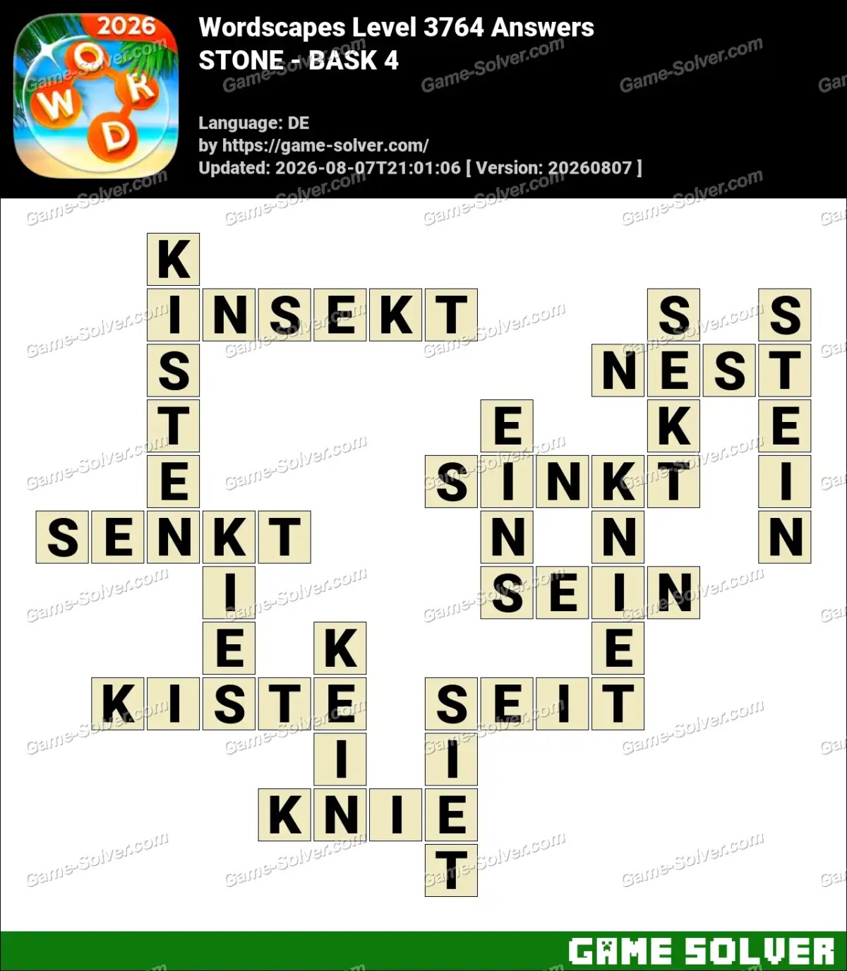 Wordscapes Deutsche Level 3764 Answers — STONE - BASK 4