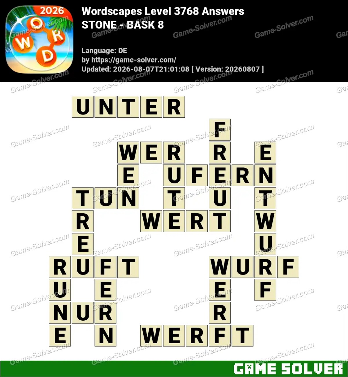 Wordscapes Deutsche Level 3768 Answers — STONE - BASK 8