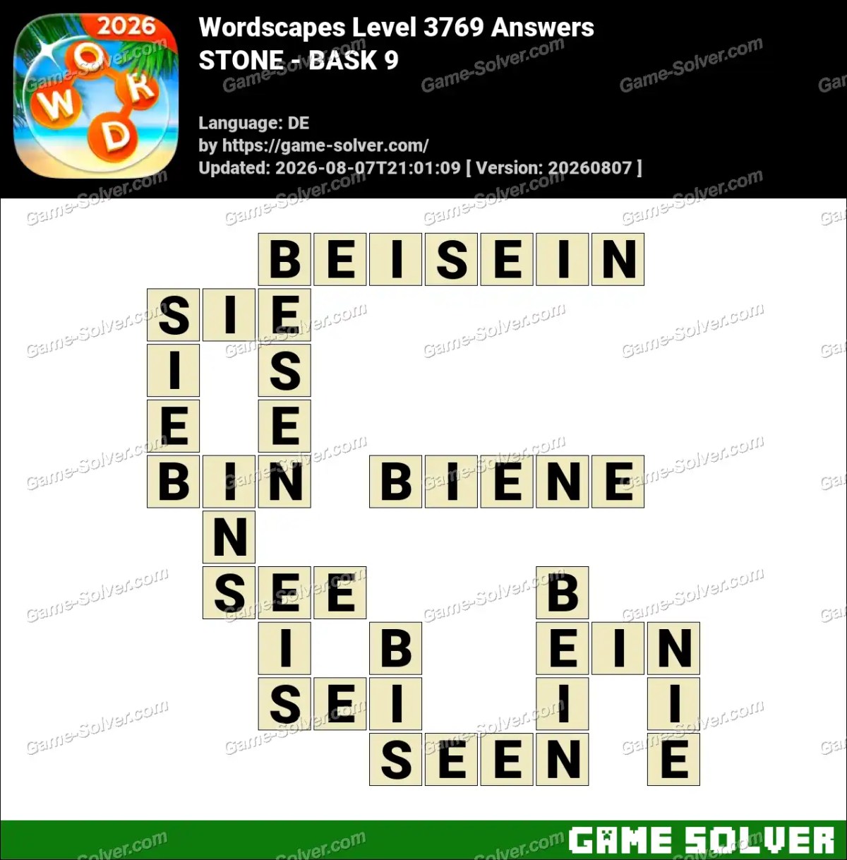 Wordscapes Deutsche Level 3769 Answers — STONE - BASK 9