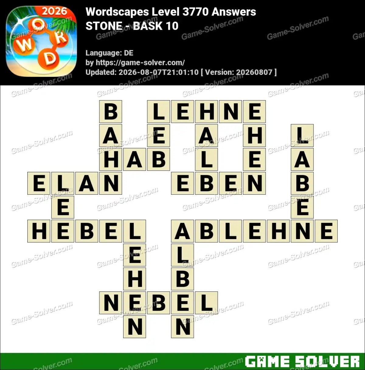 Wordscapes Deutsche Level 3770 Answers — STONE - BASK 10