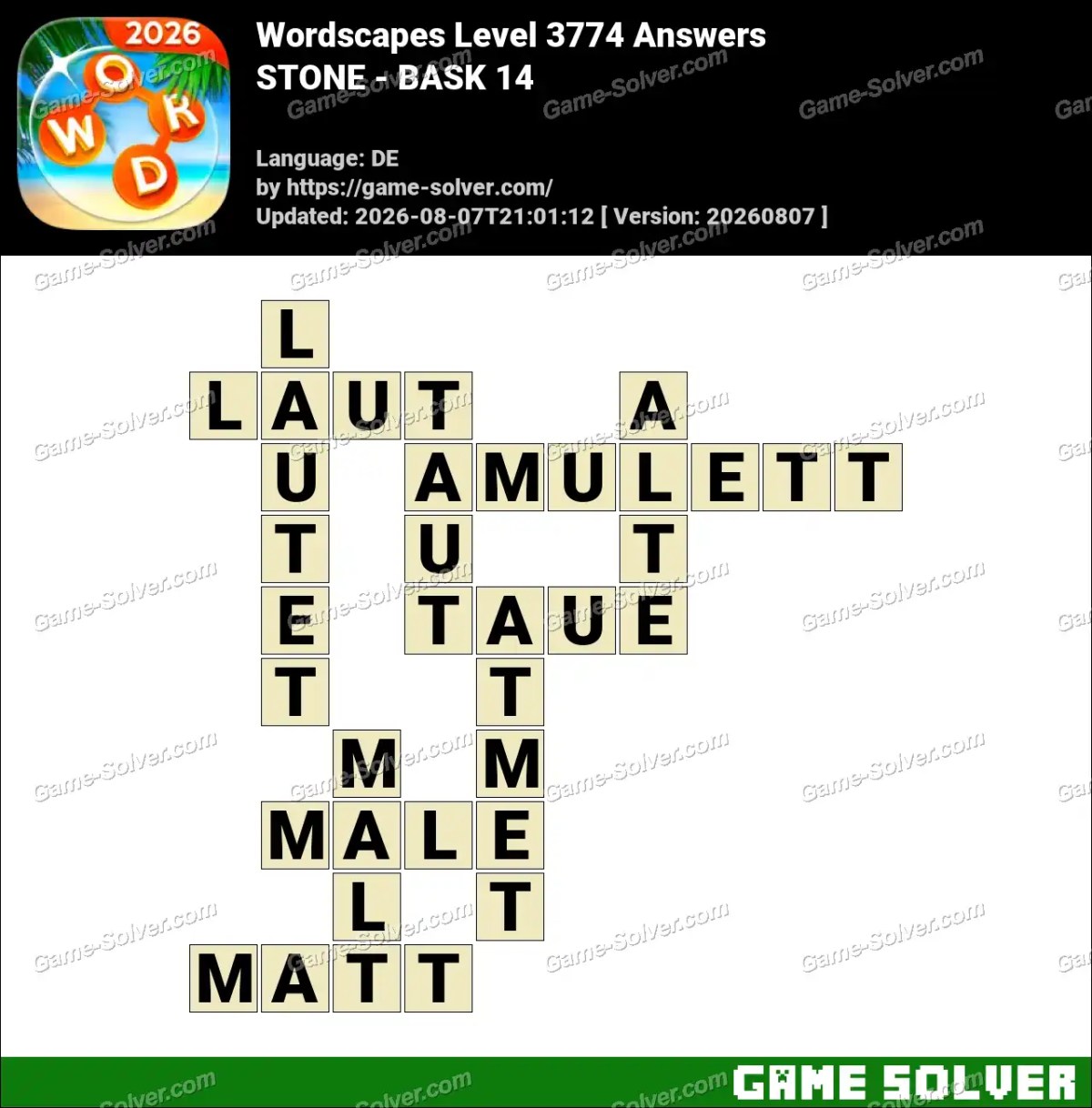 Wordscapes Deutsche Level 3774 Answers — STONE - BASK 14