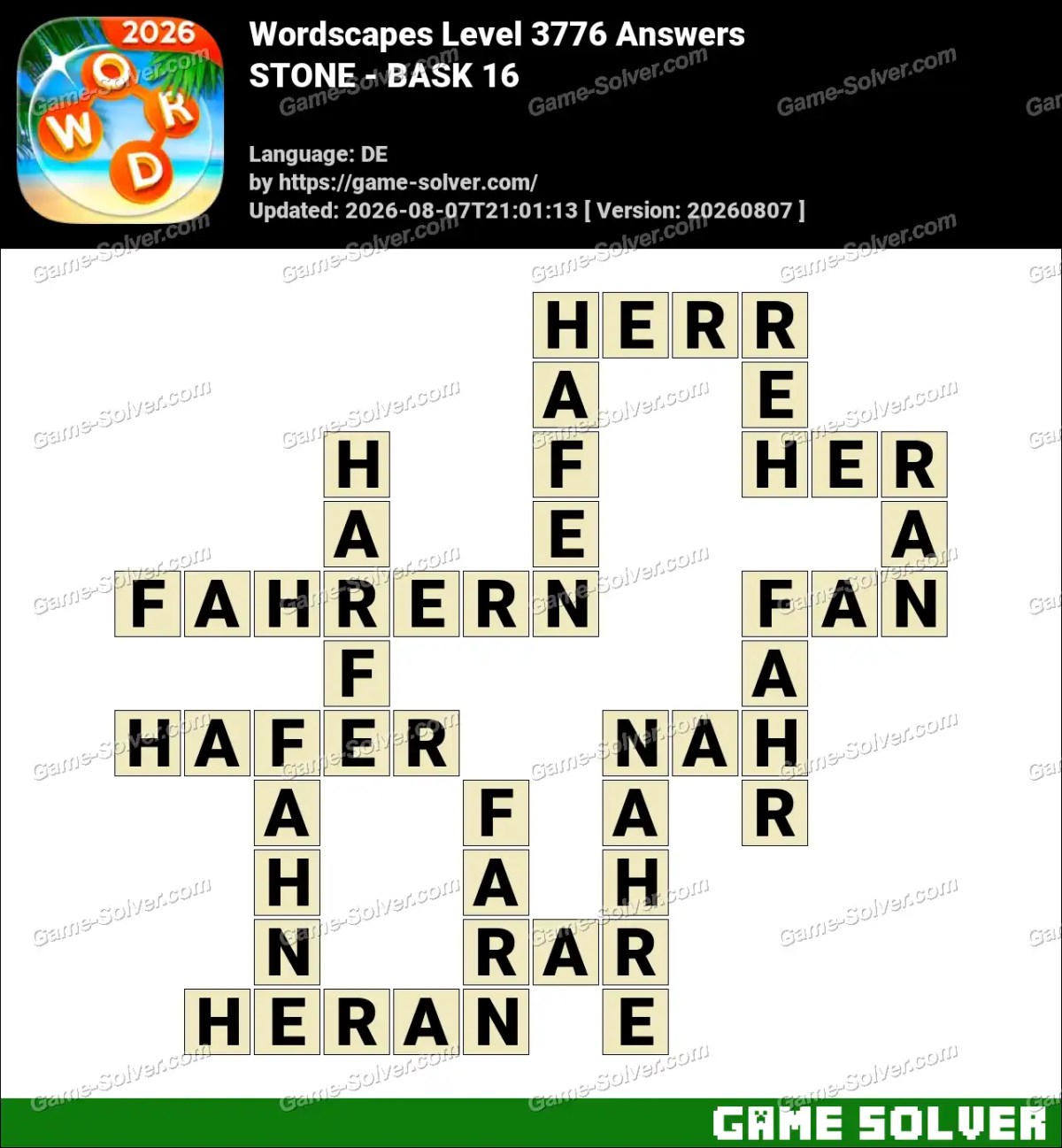 Wordscapes Deutsche Level 3776 Answers — STONE - BASK 16