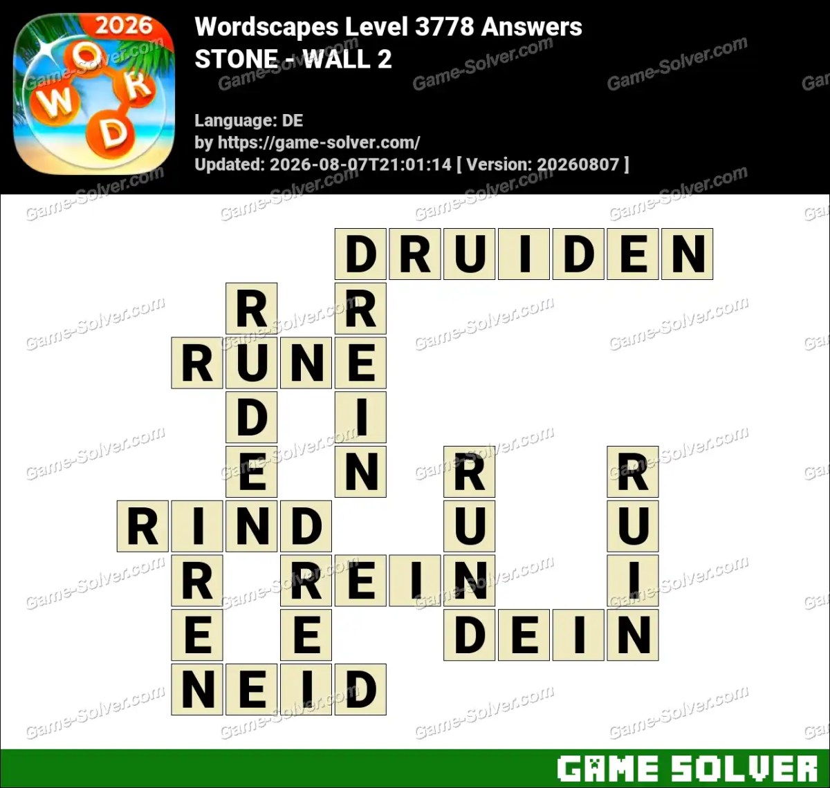Wordscapes Deutsche Level 3778 Answers — STONE - WALL 2