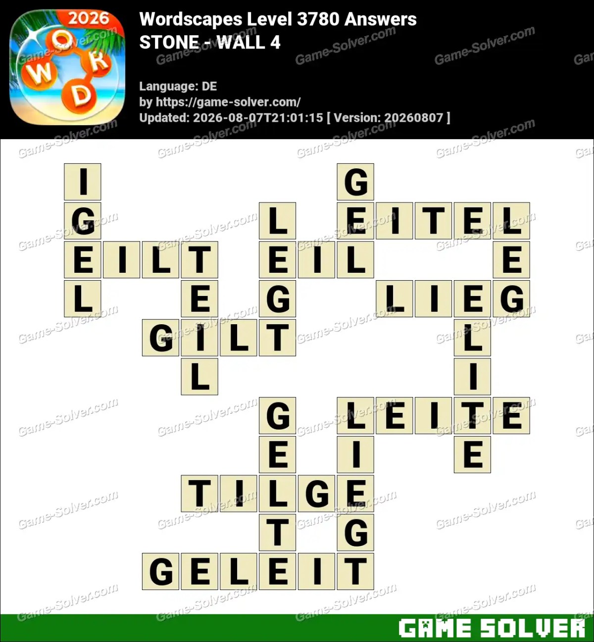 Wordscapes Deutsche Level 3780 Answers — STONE - WALL 4