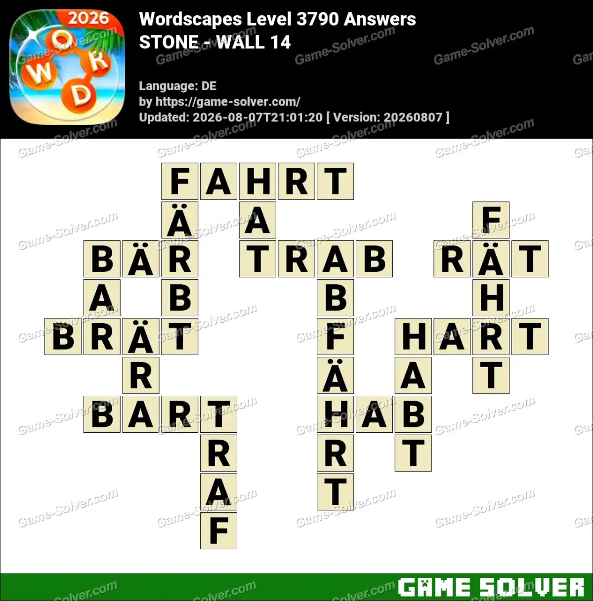 Wordscapes Deutsche Level 3790 Answers — STONE - WALL 14