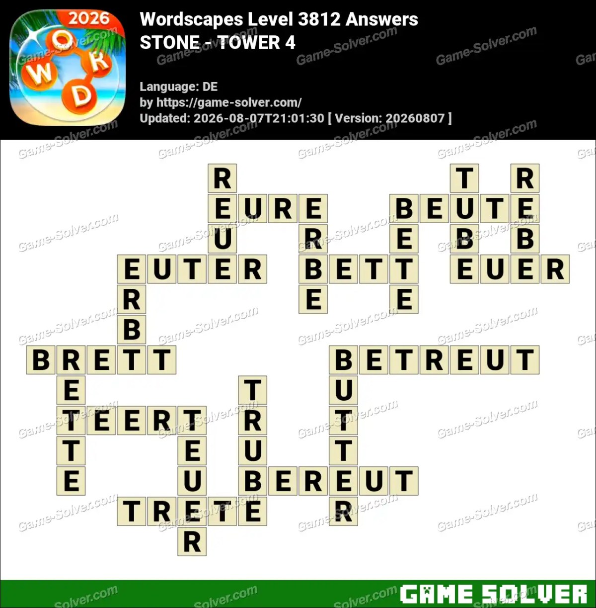 Wordscapes Deutsche Level 3812 Answers — STONE - TOWER 4