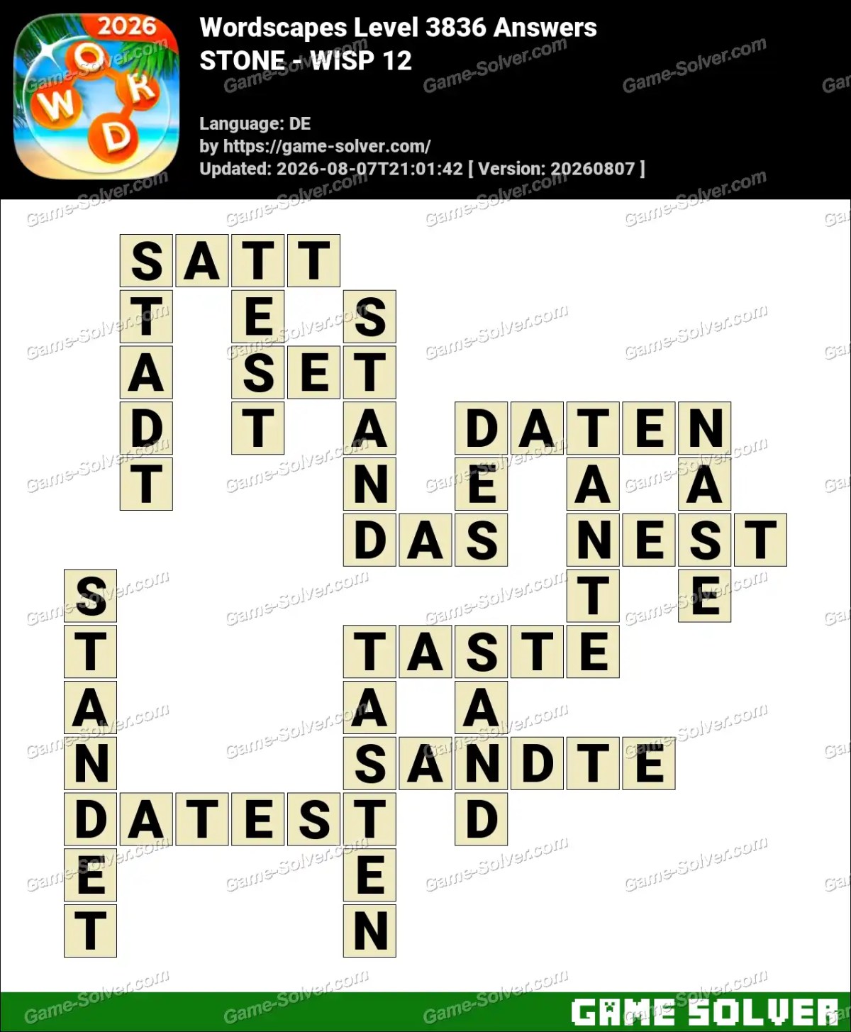 Wordscapes Deutsche Level 3836 Answers — STONE - WISP 12