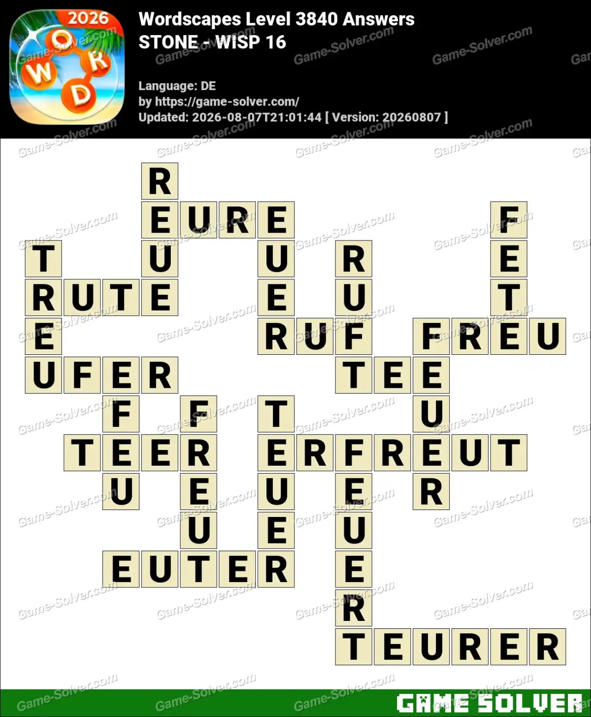 Wordscapes Deutsche Level 3840 Answers — STONE - WISP 16
