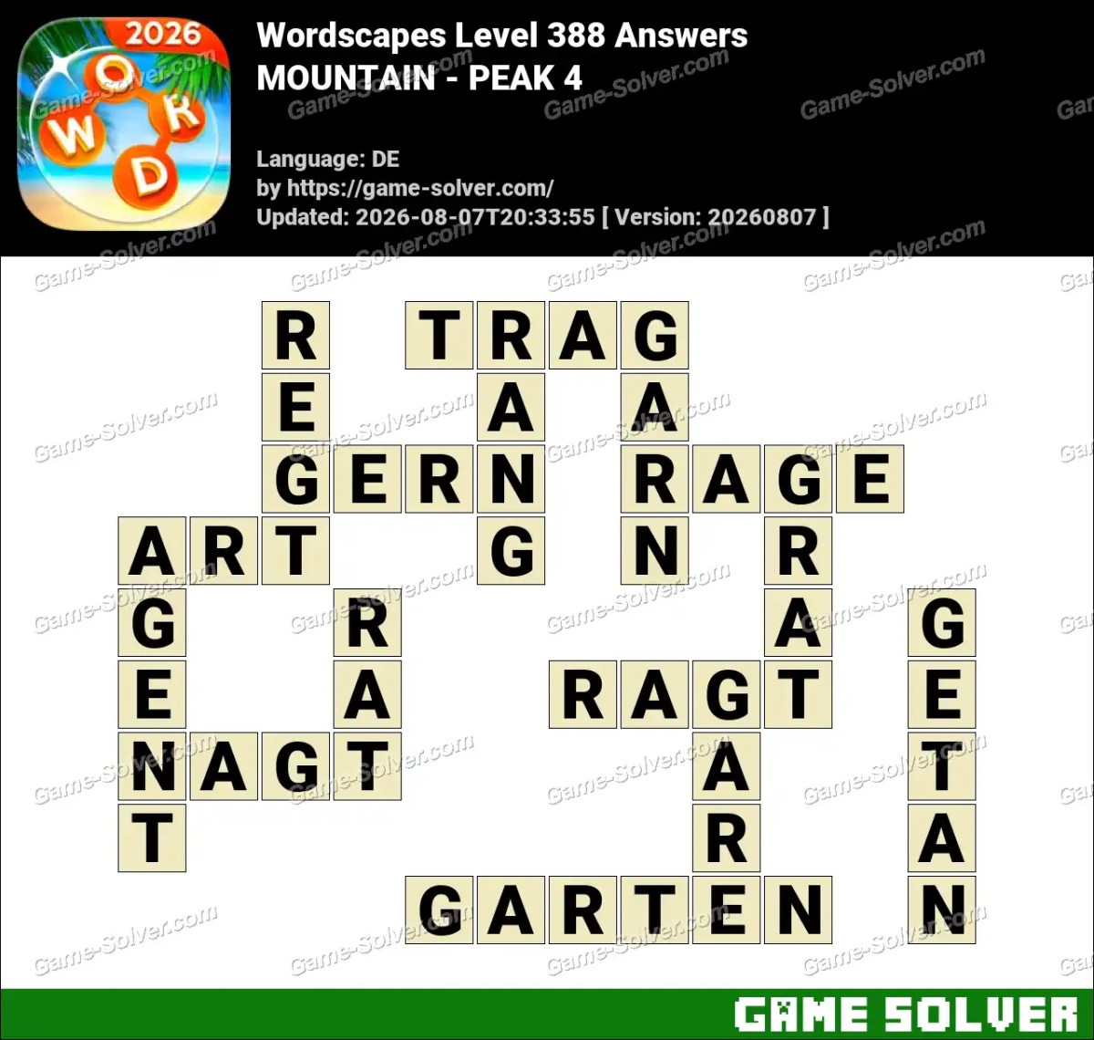 Wordscapes Deutsche Level 388 Answers — MOUNTAIN - PEAK 4