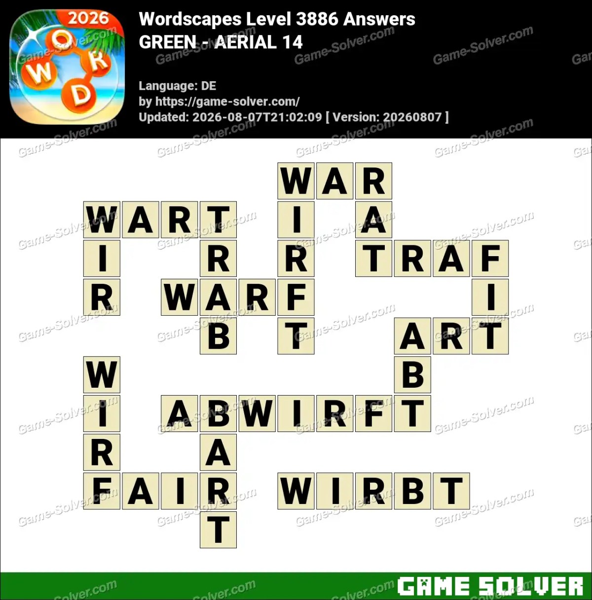 Wordscapes Deutsche Level 3886 Answers — GREEN - AERIAL 14